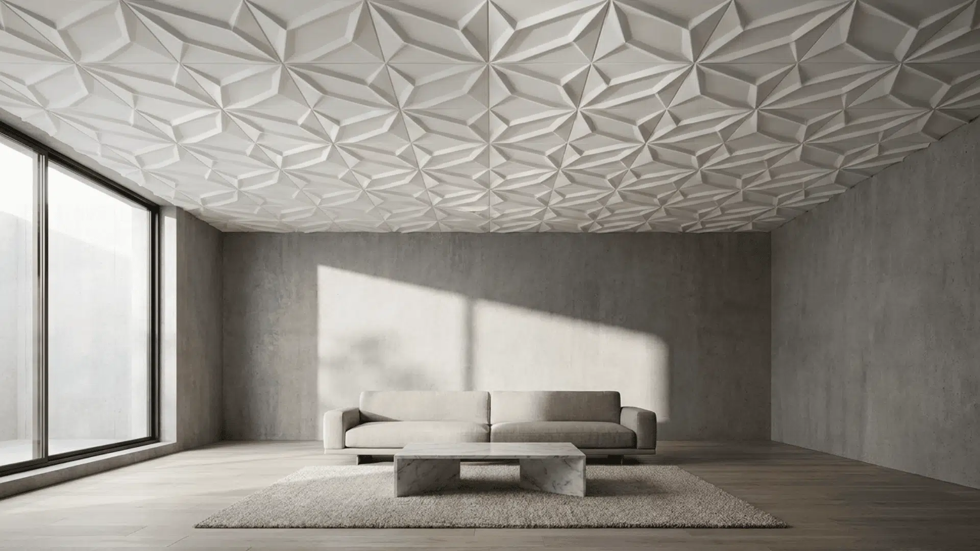 A modern room with three-dimensional ceiling tiles featuring geometric relief patterns.