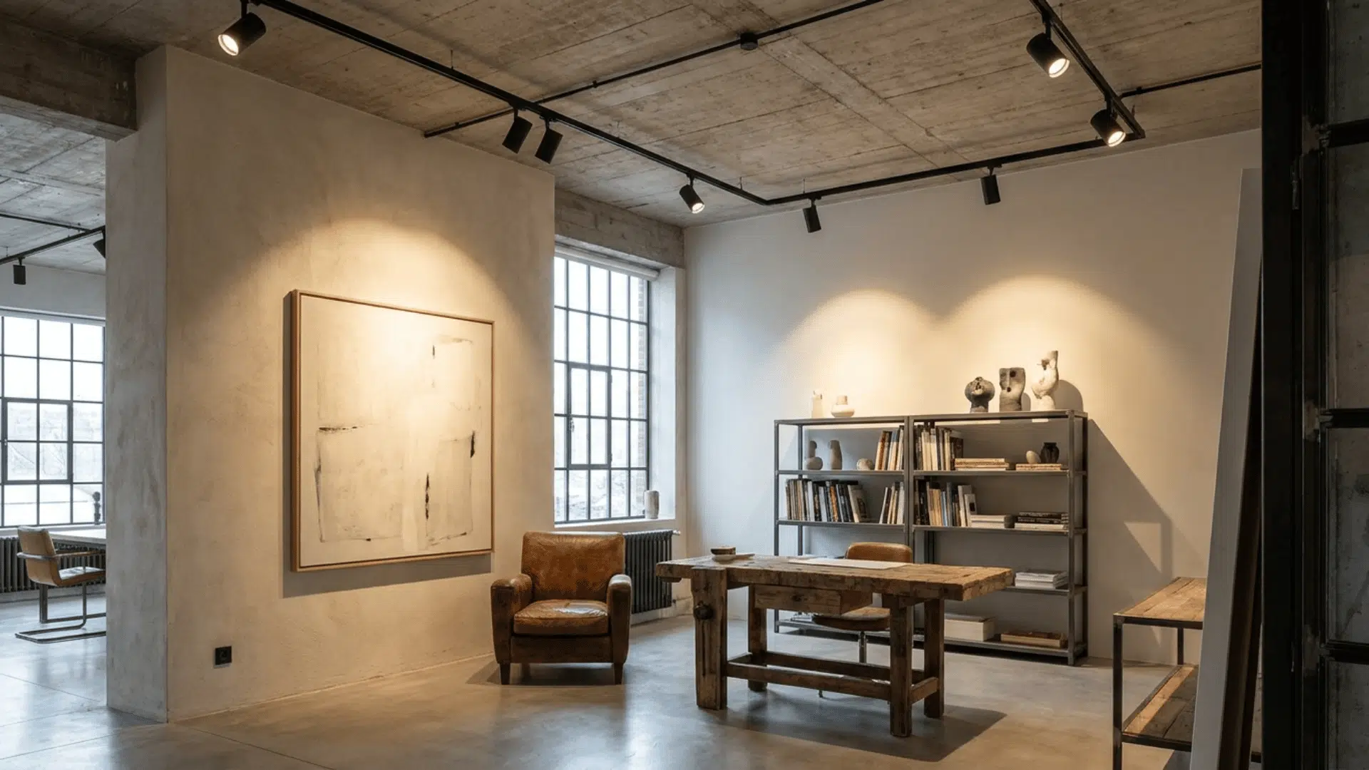 A modern studio with ceiling-mounted track lighting system in black finish and adjustable spotlights