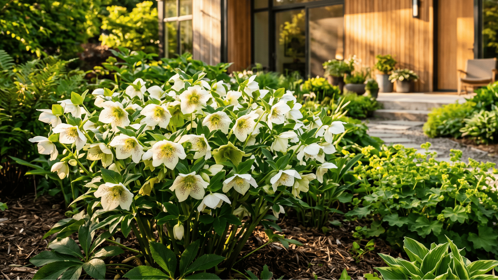a modern wooden house with large windows is surrounded by lush greenery and blooming white flowers of hellebore