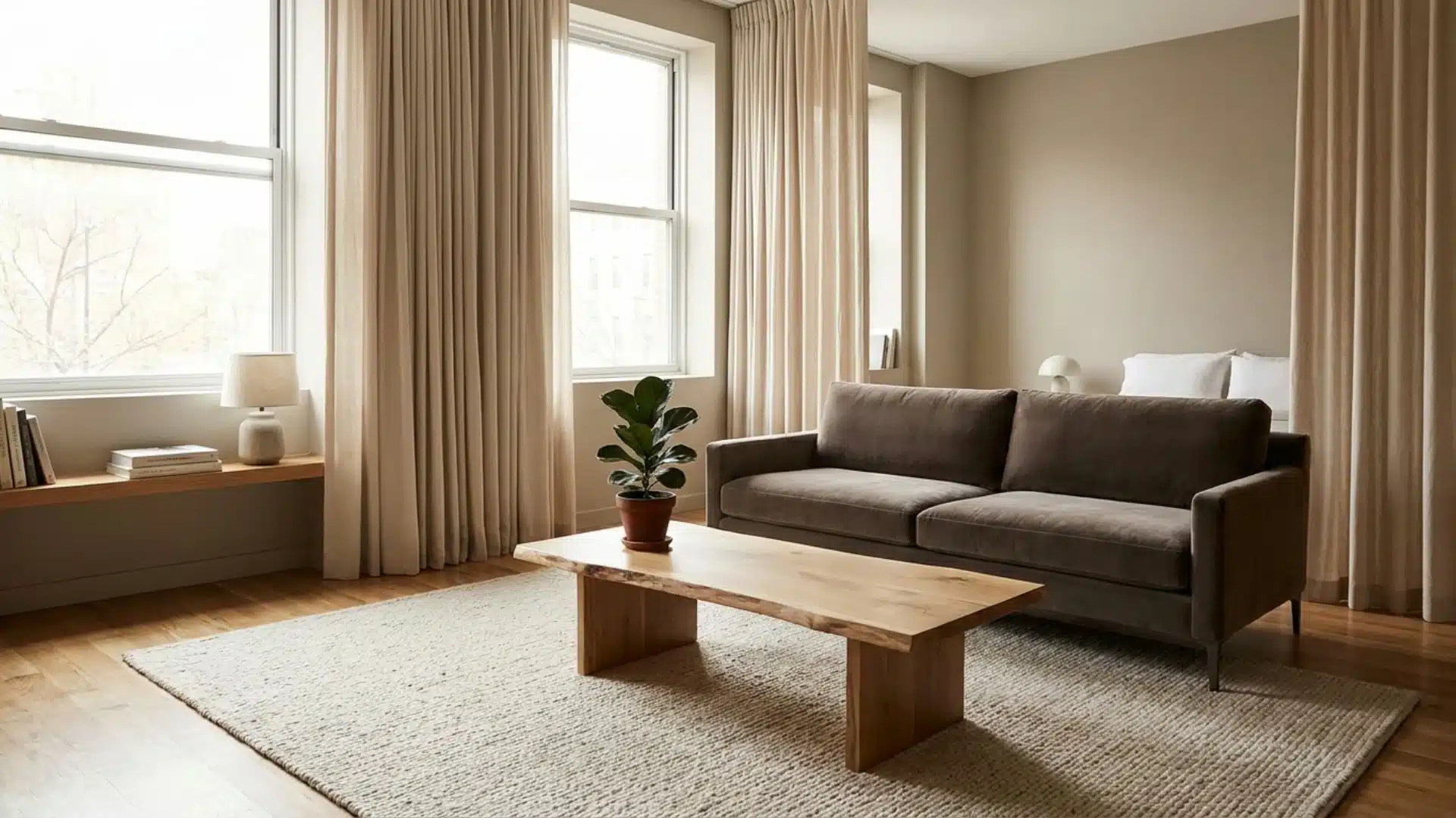 Neutral-toned studio apartment with matching beige furniture and curtains for seamless visual harmony throughout