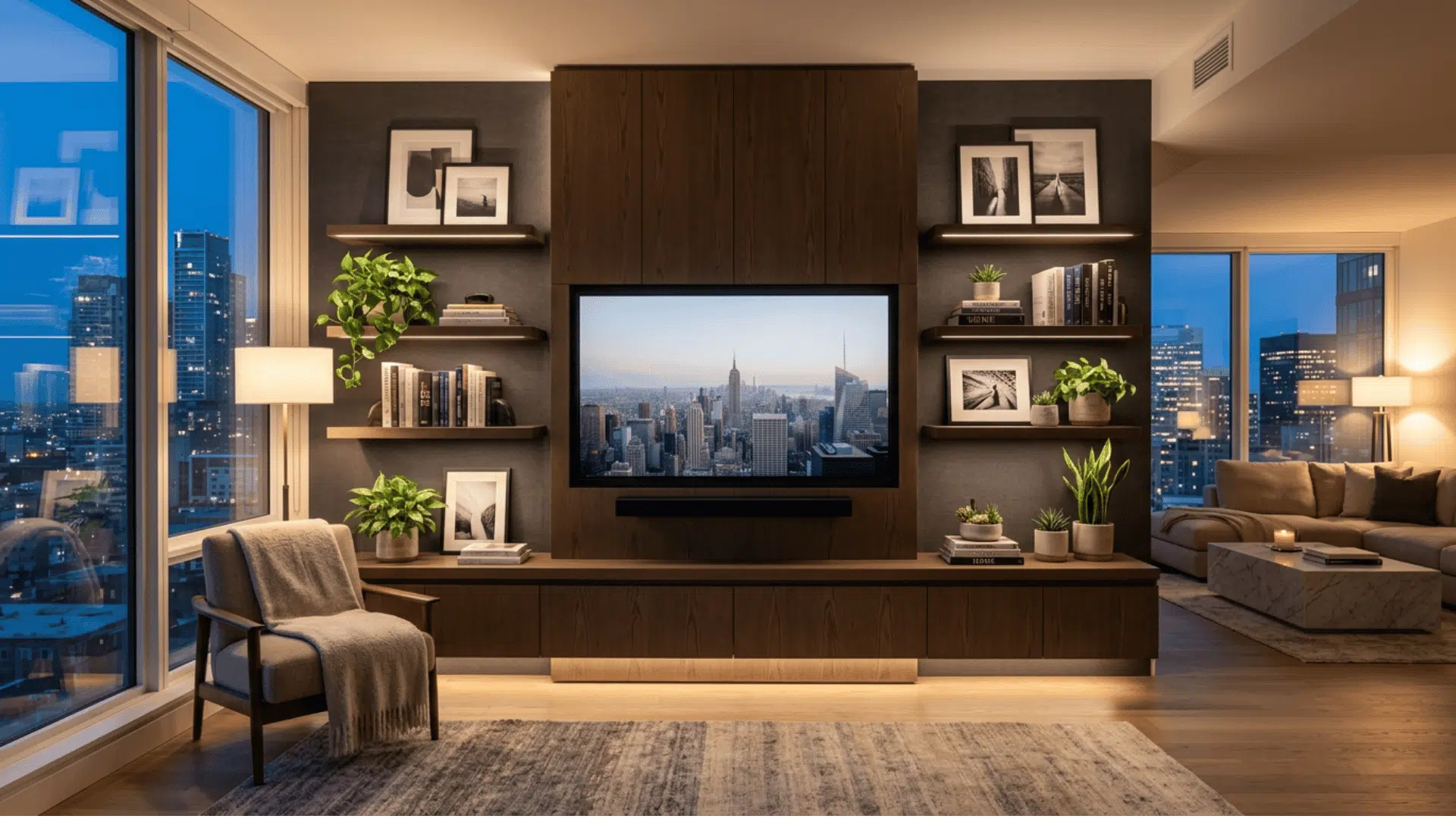a moody living room at night with a wall mounted tv displaying landscape art above a floating wooden media unit with warm amber led strip lighting and a city view through floor to ceiling windows
