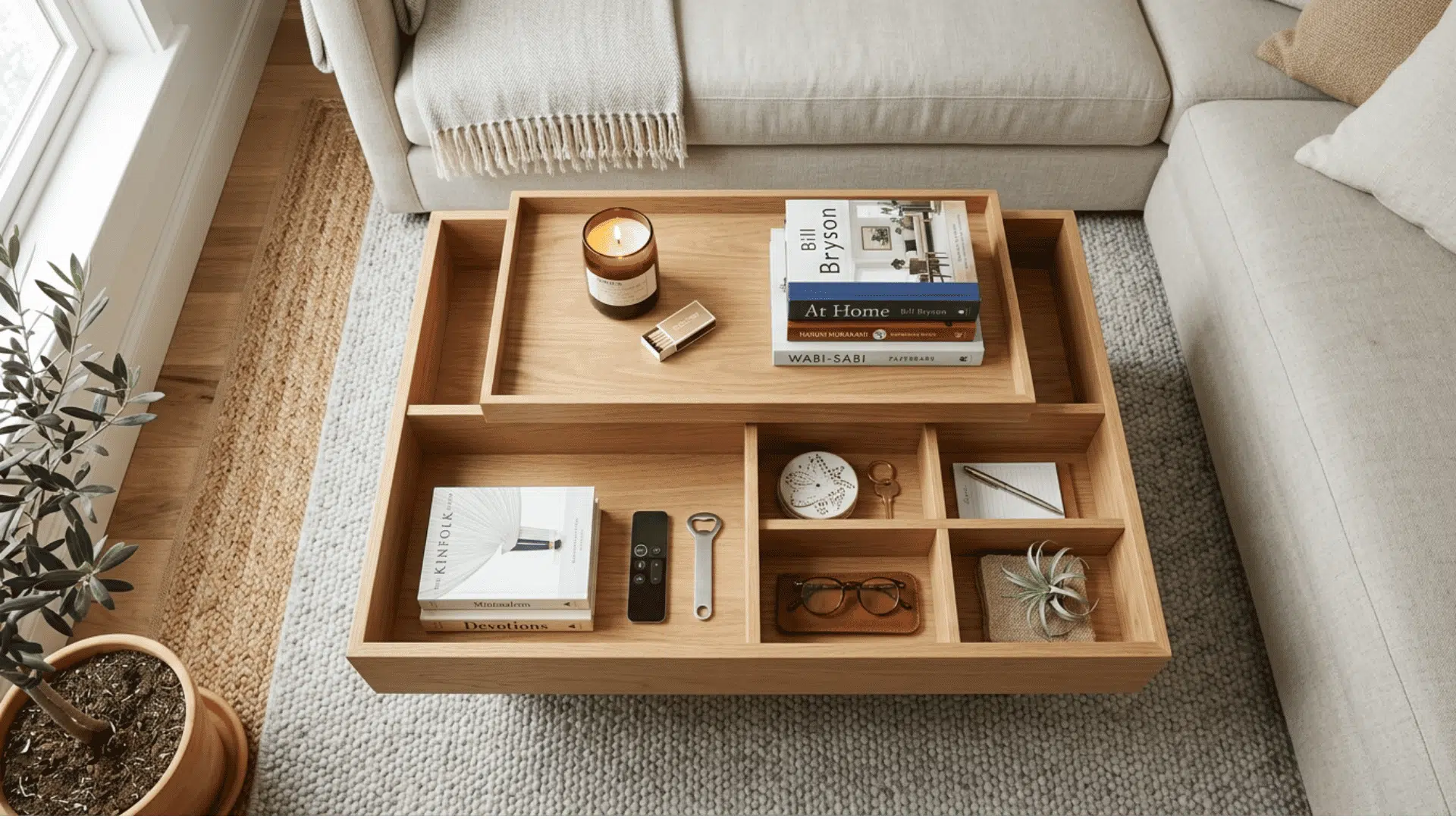 a multi compartment coffee table in a living room