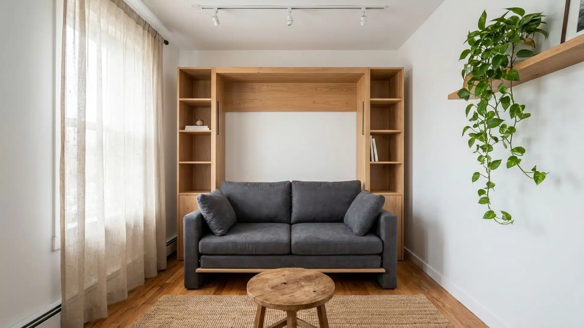 a compact gray sofa framed by built in wooden shelving, open storage, and minimalist apartment styling