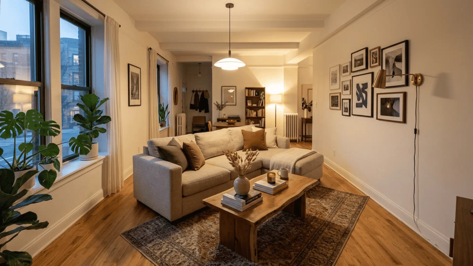 a narrow new york style apartment living room at night with a pendant light a warm gallery wall a large monstera plant and furniture arranged to draw the eye across the width of the room