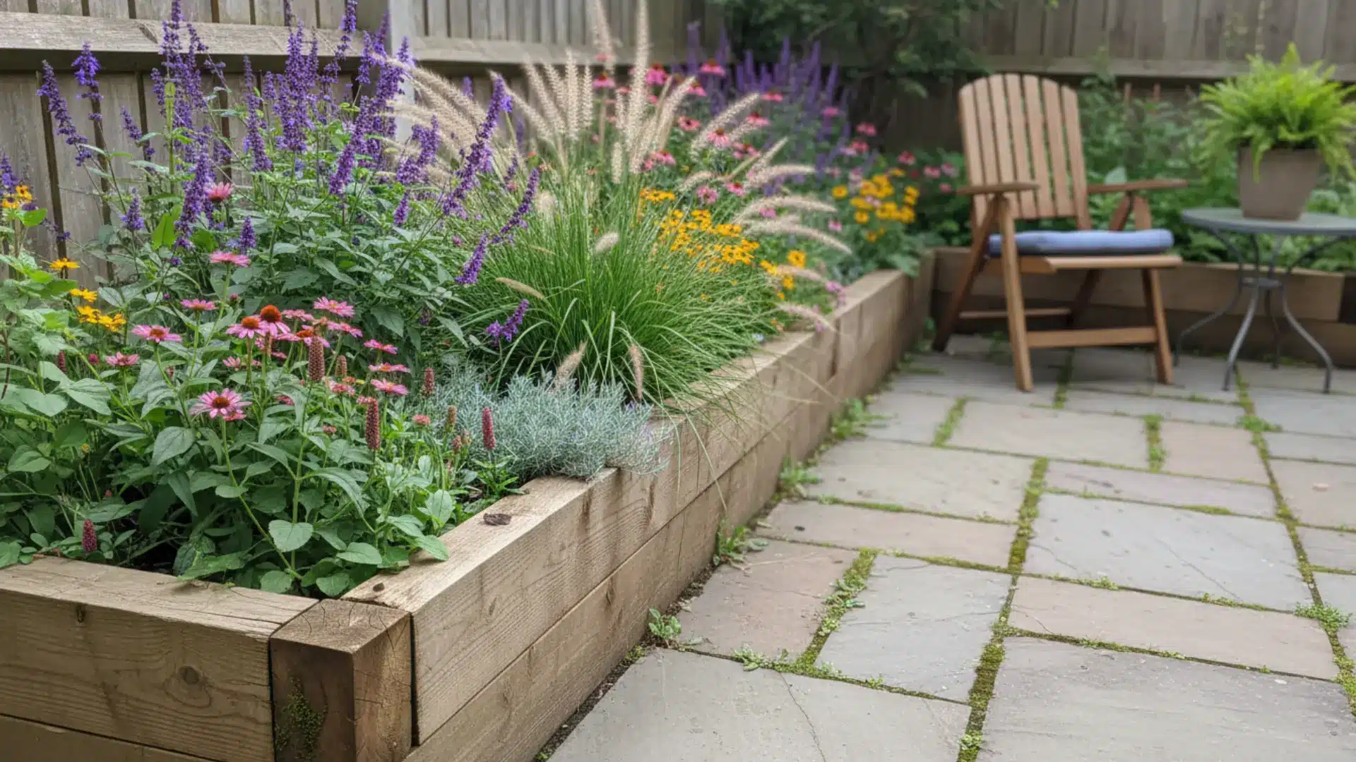 a narrow timber raised garden bed along the edge of a small backyard patio filled with flowering plants and ornamental grasses beside uneven stone paving in soft natural light