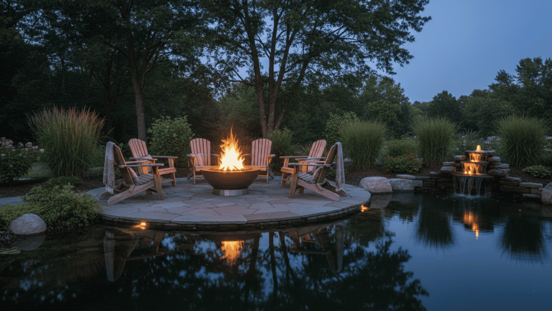 a nighttime garden patio with a fire pit and Adirondack chairs by a pond and waterfall