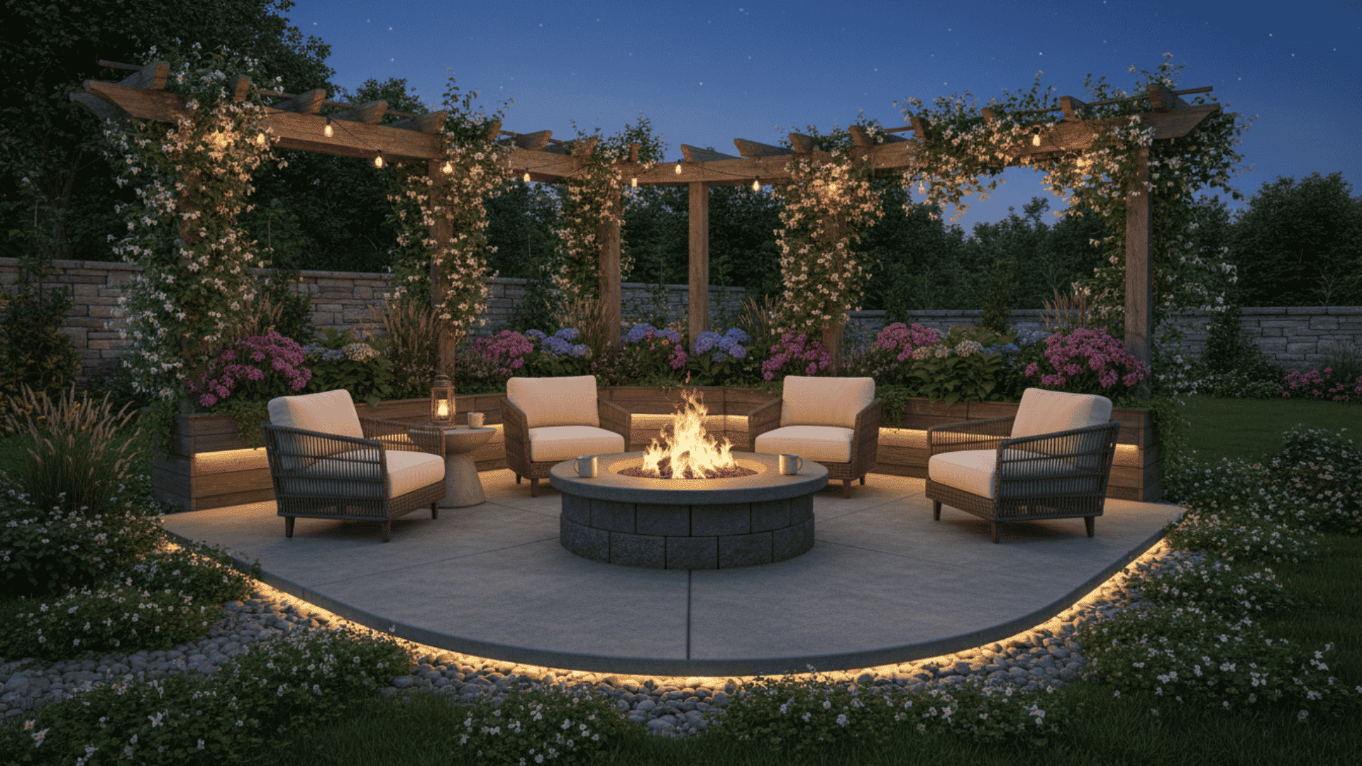 a nighttime garden patio with a round fire pit and cushioned chairs under a wooden pergola with climbing flowers and string lights