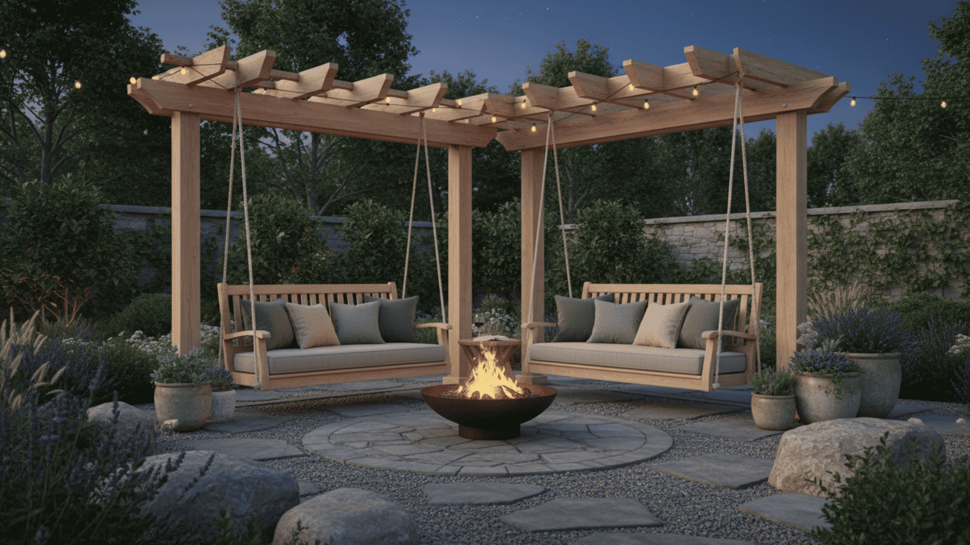 a nighttime garden patio with a round fire pit and two wooden swing benches under a pergola surrounded by plants and string lights