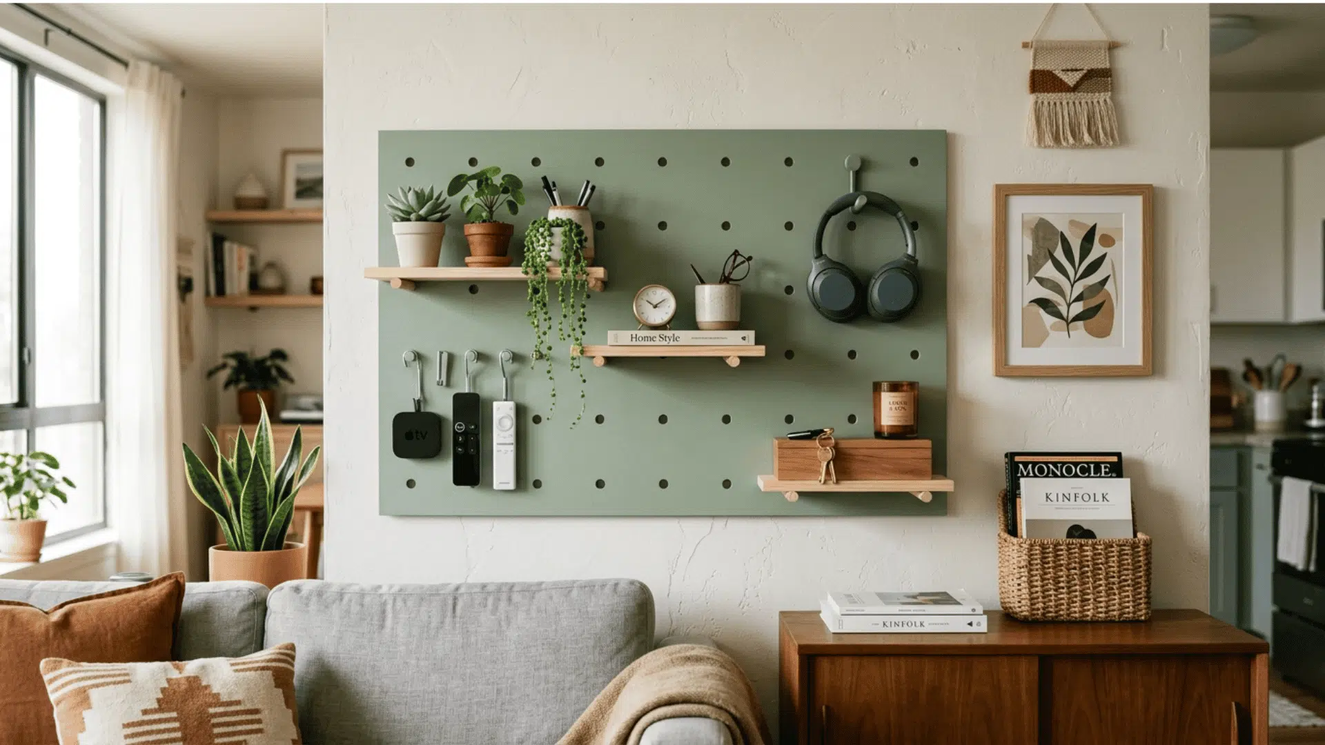 a painted pegboard in a living room
