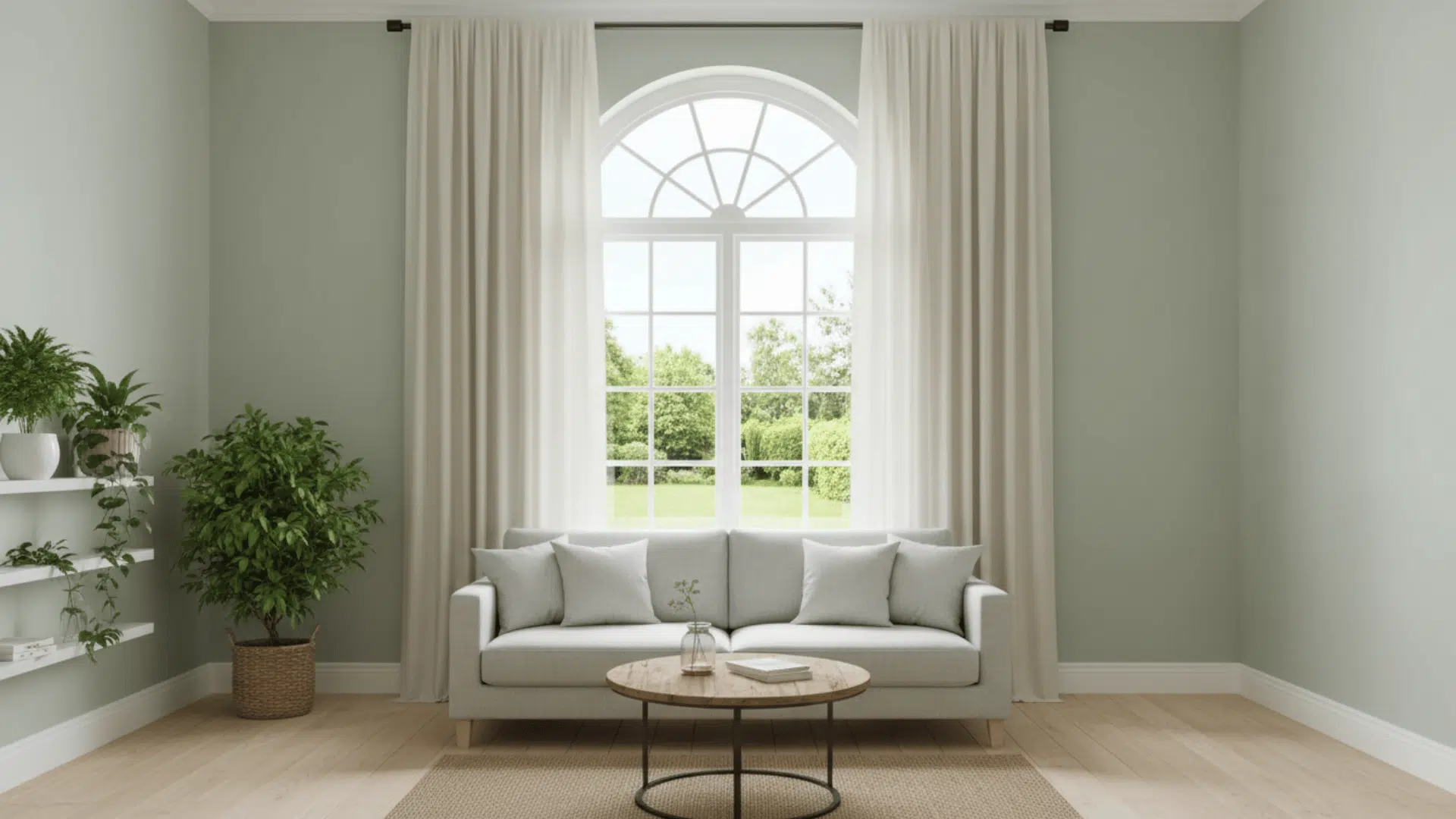 a pale green living room with tall arched window white curtains gray sofa round table and leafy indoor plants