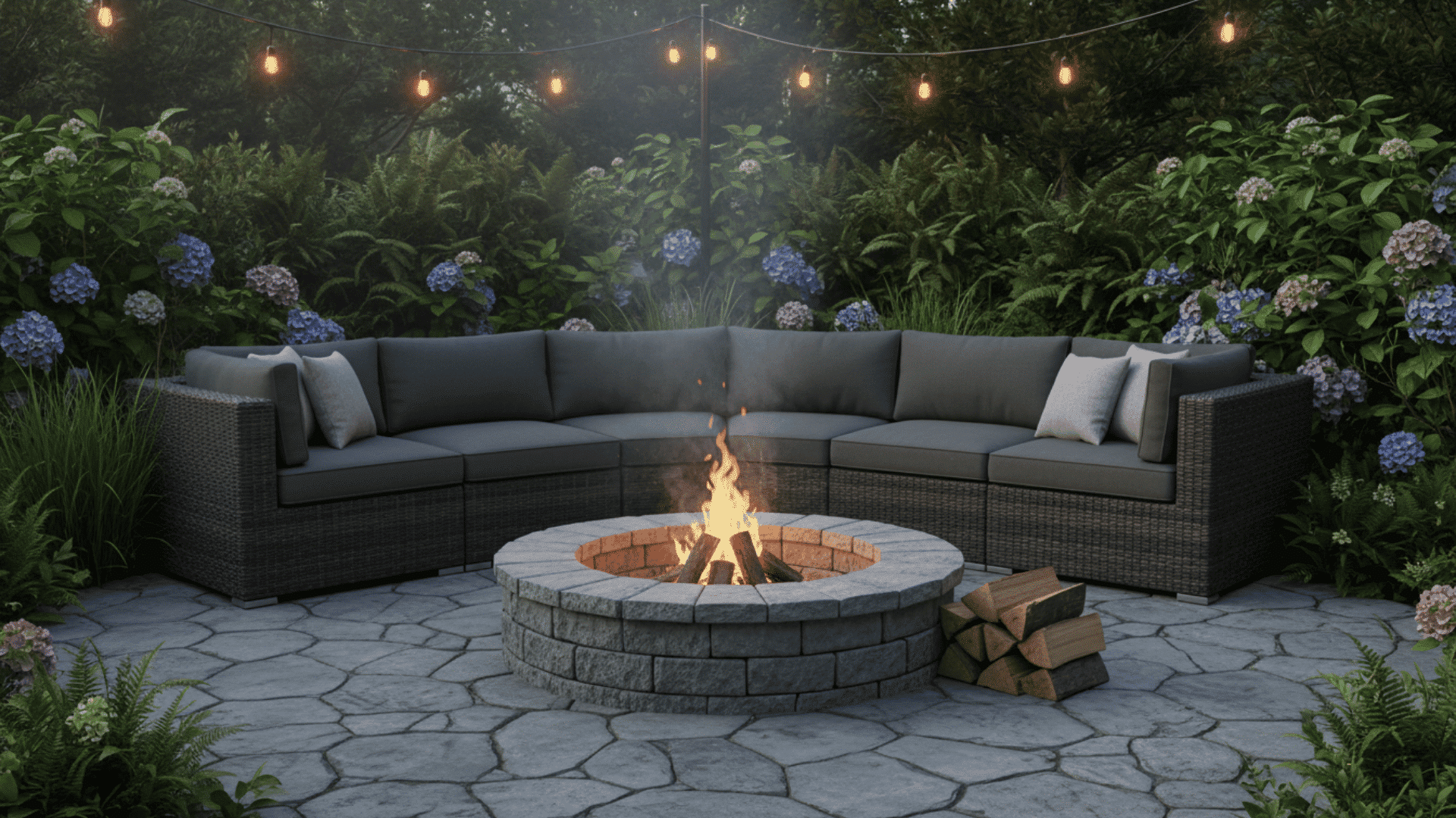 a patio with a round fire pit and gray cushioned wicker sectional surrounded by hydrangeas