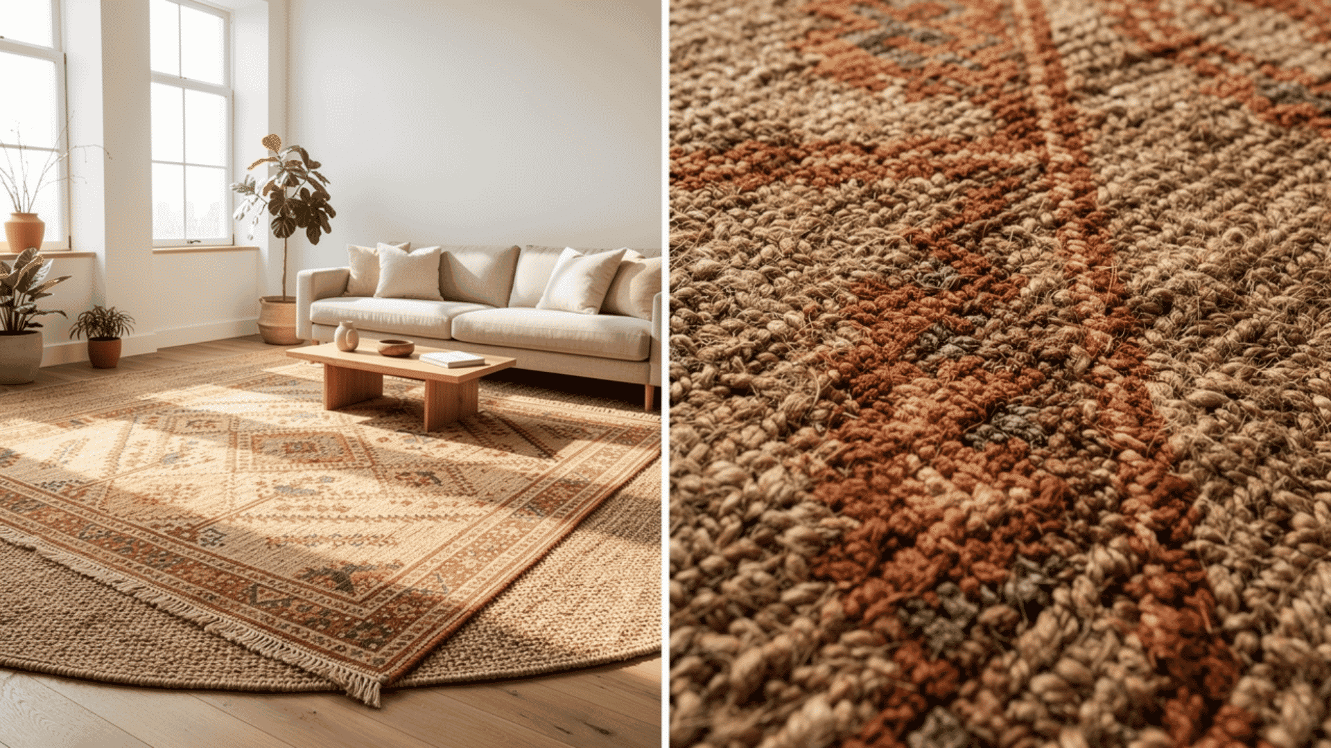 a patterned area rug layered on a neutral base rug in a bright living room with a cream sofa alongside a close up detail of the chunky woven rug texture