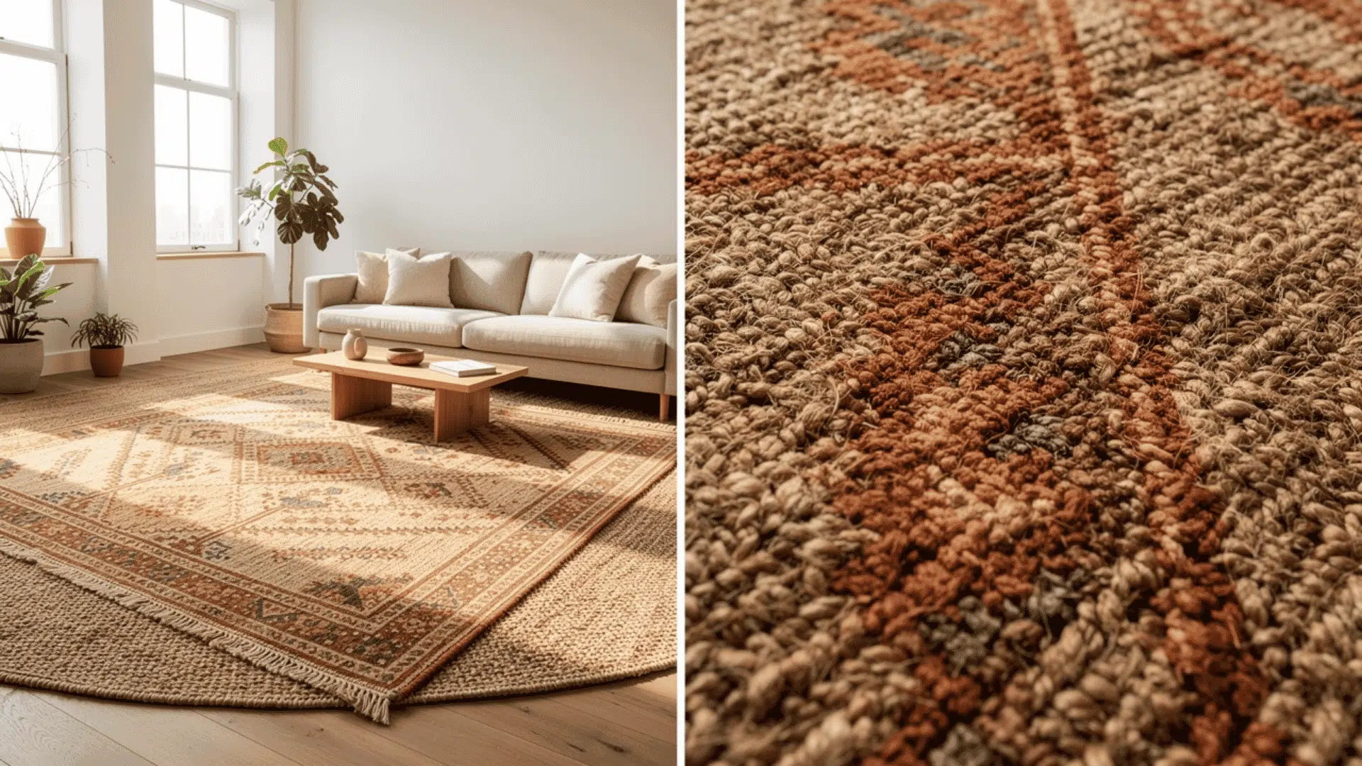 a patterned area rug layered on a neutral base rug in a bright living room with a cream sofa alongside a close up detail of the chunky woven rug texture