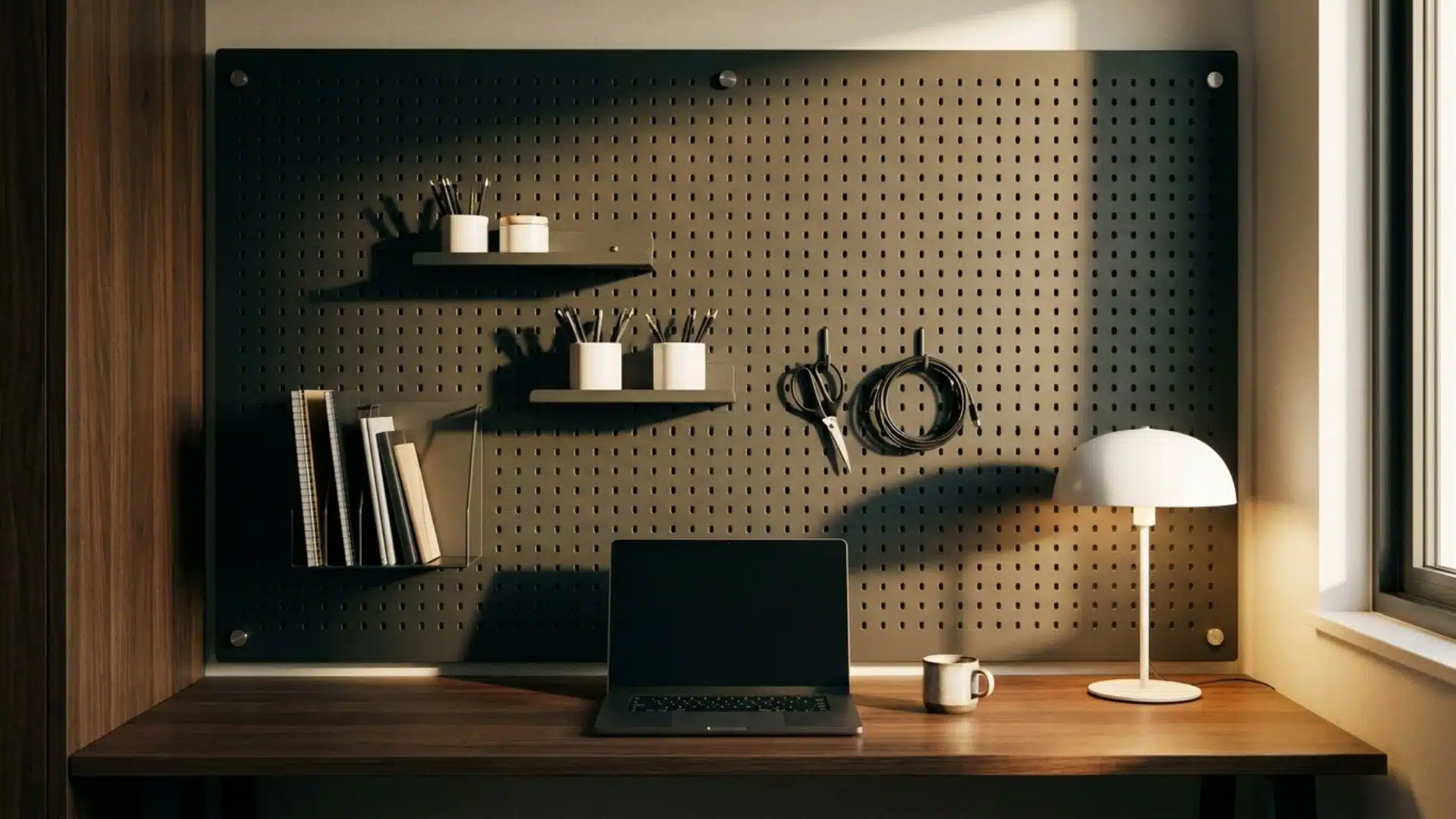 Black pegboard wall organizer with shelves and hooks above a compact wooden desk workspace for storage
