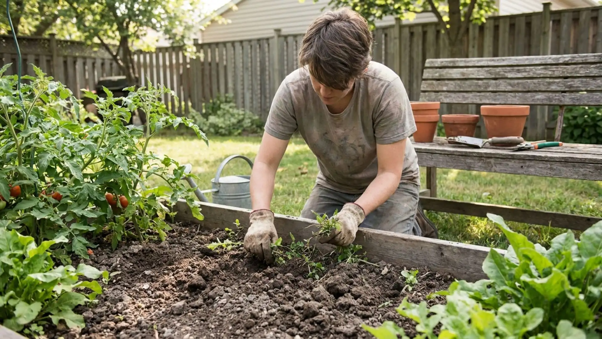 A person kneeling in a backyard garden bed, wearing work gloves and working with soil surrounded by green plants