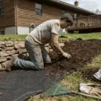 a person kneels on the ground of sloping backyard spreading mulch over black landscape fabric