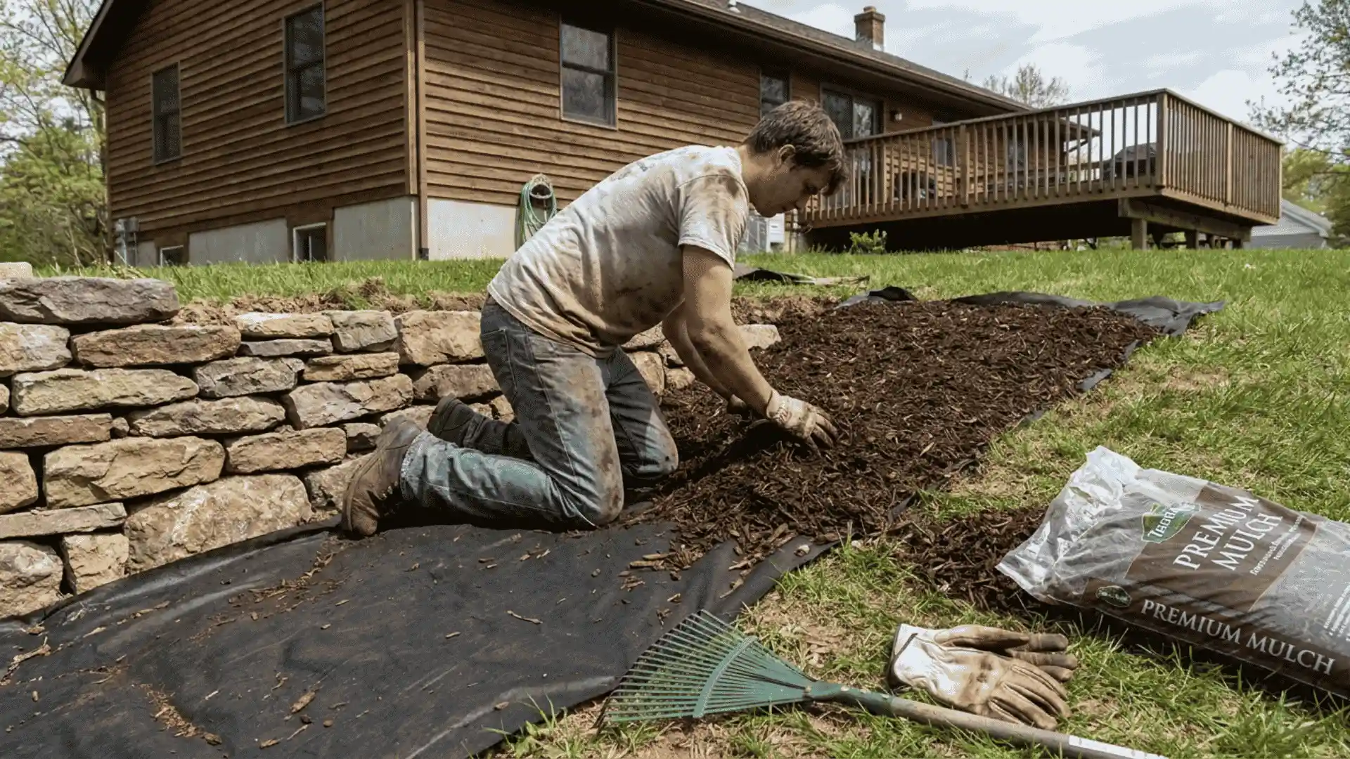 a person kneels on the ground of sloping backyard spreading mulch over black landscape fabric