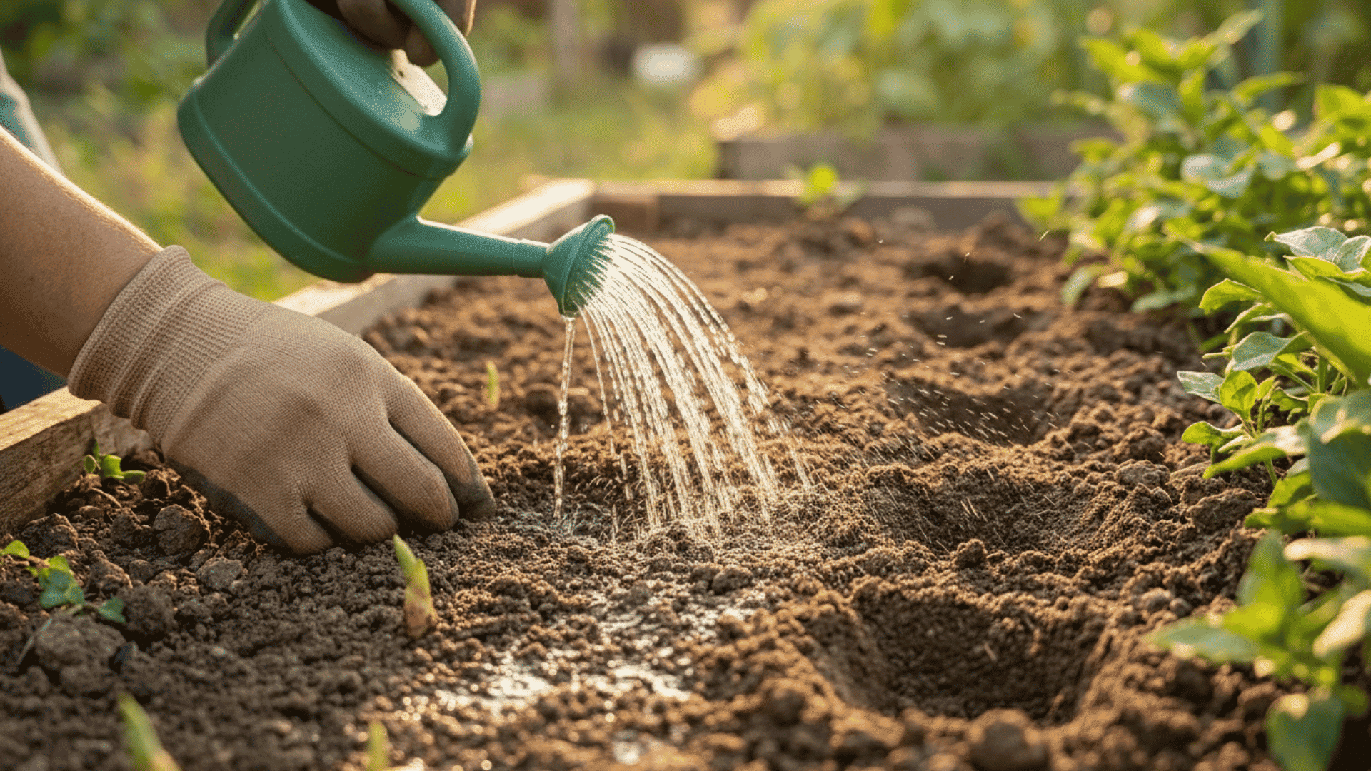 a person waters a newly planted garden bed with a green watering can as a gloved hand rests near young sprouts (1)
