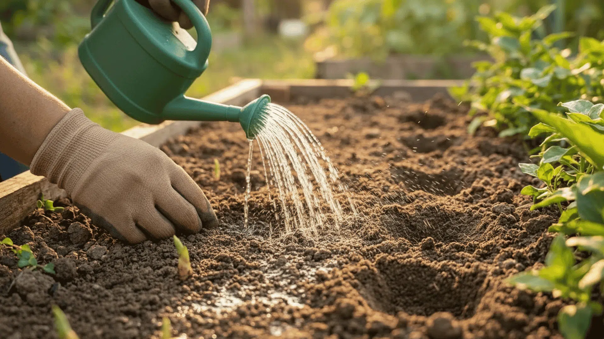a person waters a newly planted garden bed with a green watering can as a gloved hand rests near young sprouts (1)