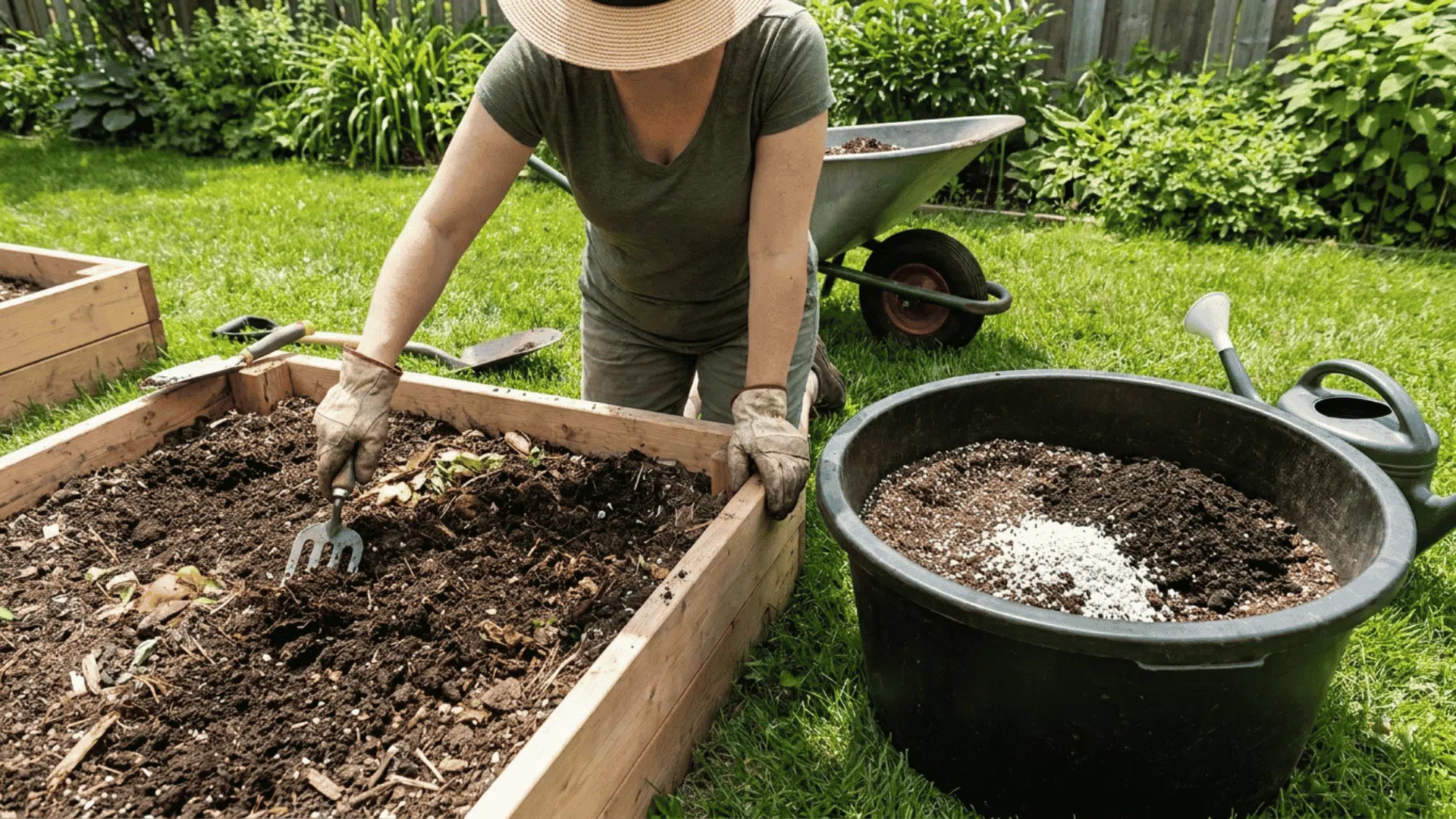 a person wearing gloves works soil in a raised garden bed beside a tub of compost a wheelbarrow and watering can
