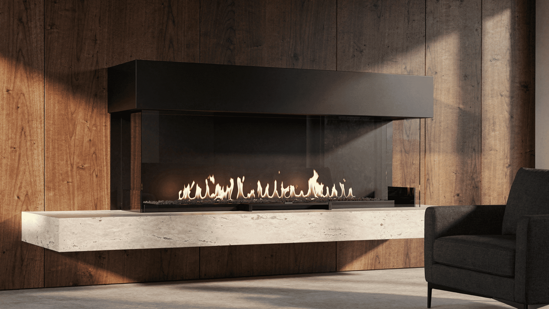 _a polished concrete and patinated blackened steel fireplace with a large pyramidal steel hood and an exposed flue pipe on a pale concrete wall with a raised concrete hearth and iron fireplace too