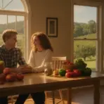 Couple seated at wooden table with fruits and vegetables in sunny farmhouse kitchen
