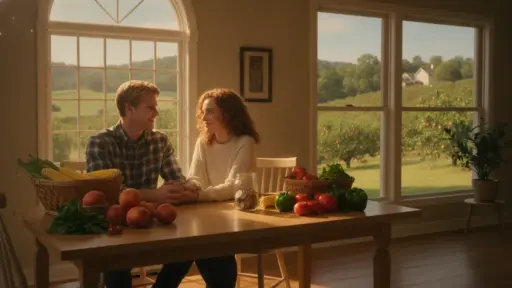 Couple seated at wooden table with fruits and vegetables in sunny farmhouse kitchen