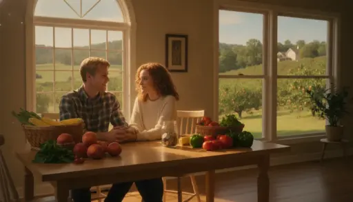 Couple seated at wooden table with fruits and vegetables in sunny farmhouse kitchen