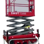 Red scissor lift on tracked base with extended platform in closed position