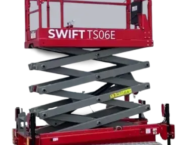 Red scissor lift on tracked base with extended platform in closed position
