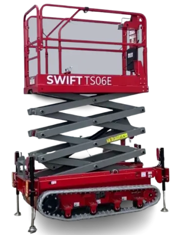 Red scissor lift on tracked base with extended platform in closed position