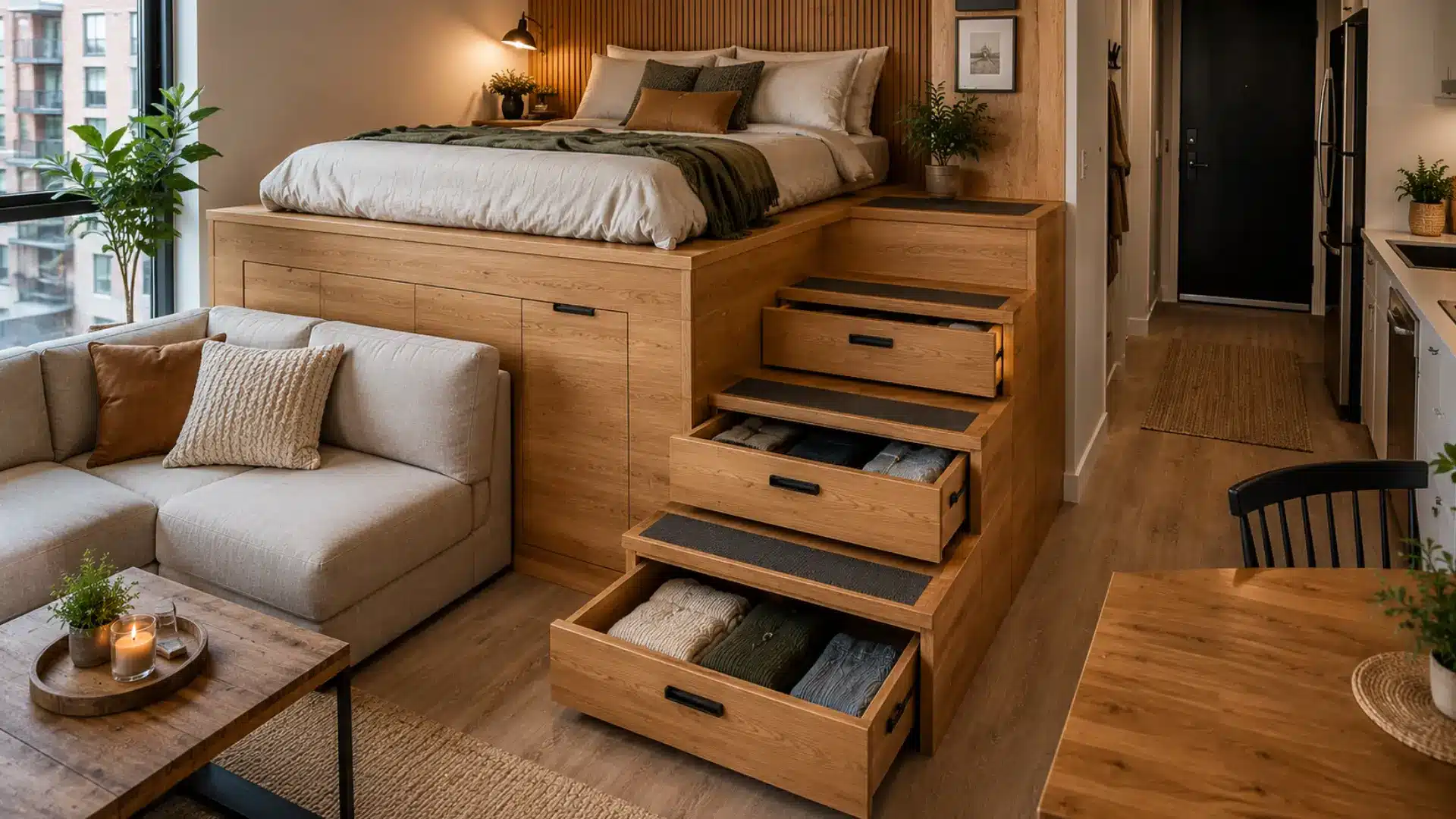 raised wooden platform bed with built-in stair drawers storing folded clothes in a studio apartment