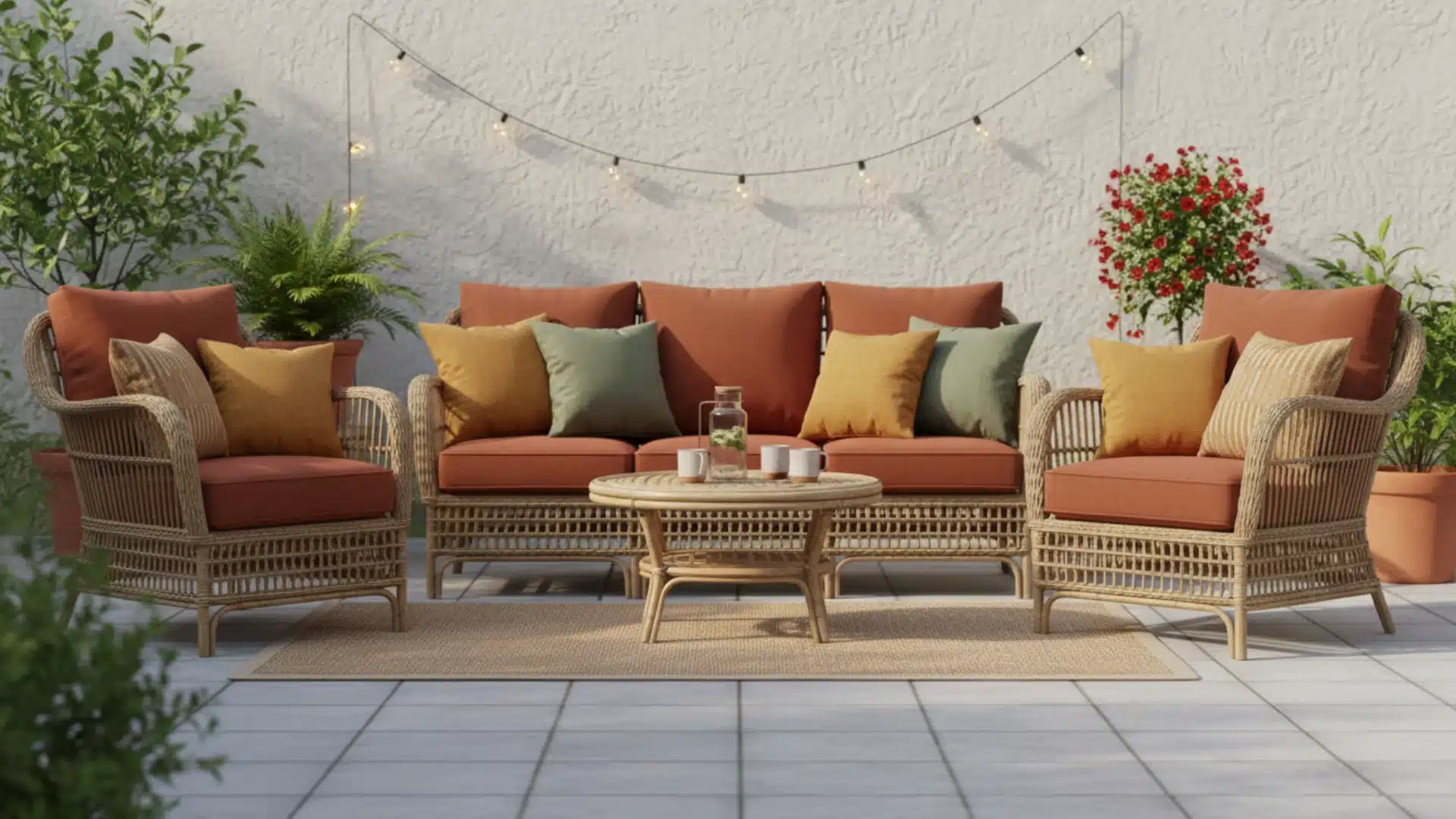 a rattan sofa and chairs with colorful outdoor cushions in terracotta sage green and mustard tones on a small sunny patio with plants in the background