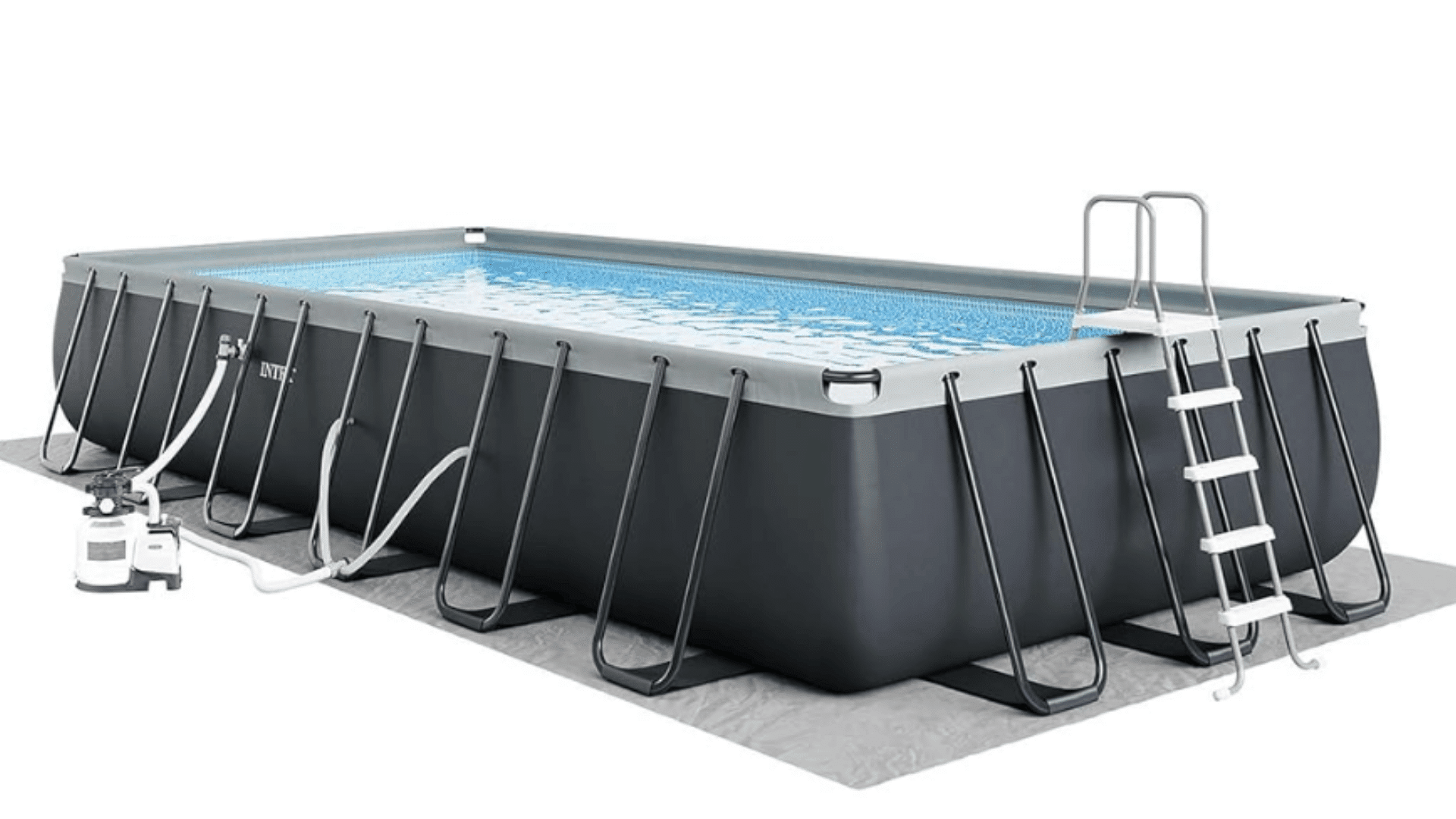 a rectangular above ground intex pool filled with blue water with a ladder pump and black frame supports