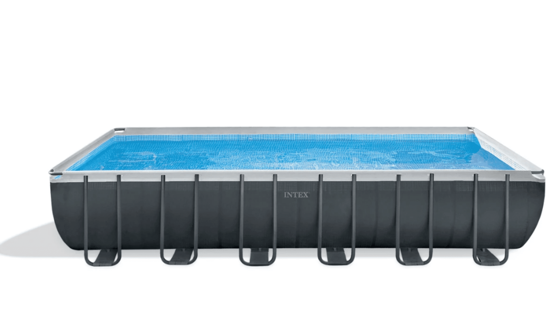 a rectangular intex above ground pool filled with blue water and supported by dark metal frame legs