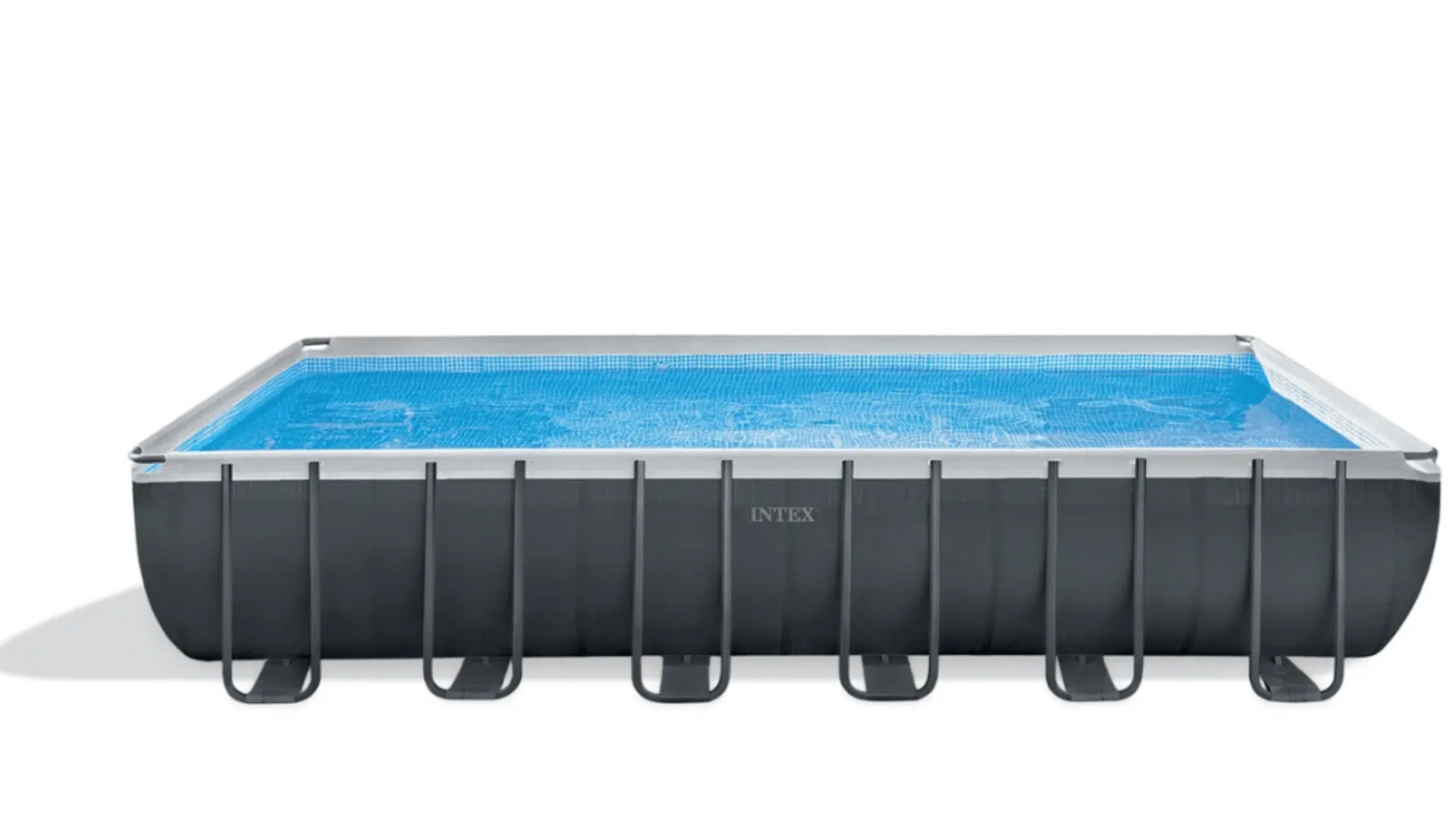 a rectangular intex above ground pool filled with blue water and supported by dark metal frame legs