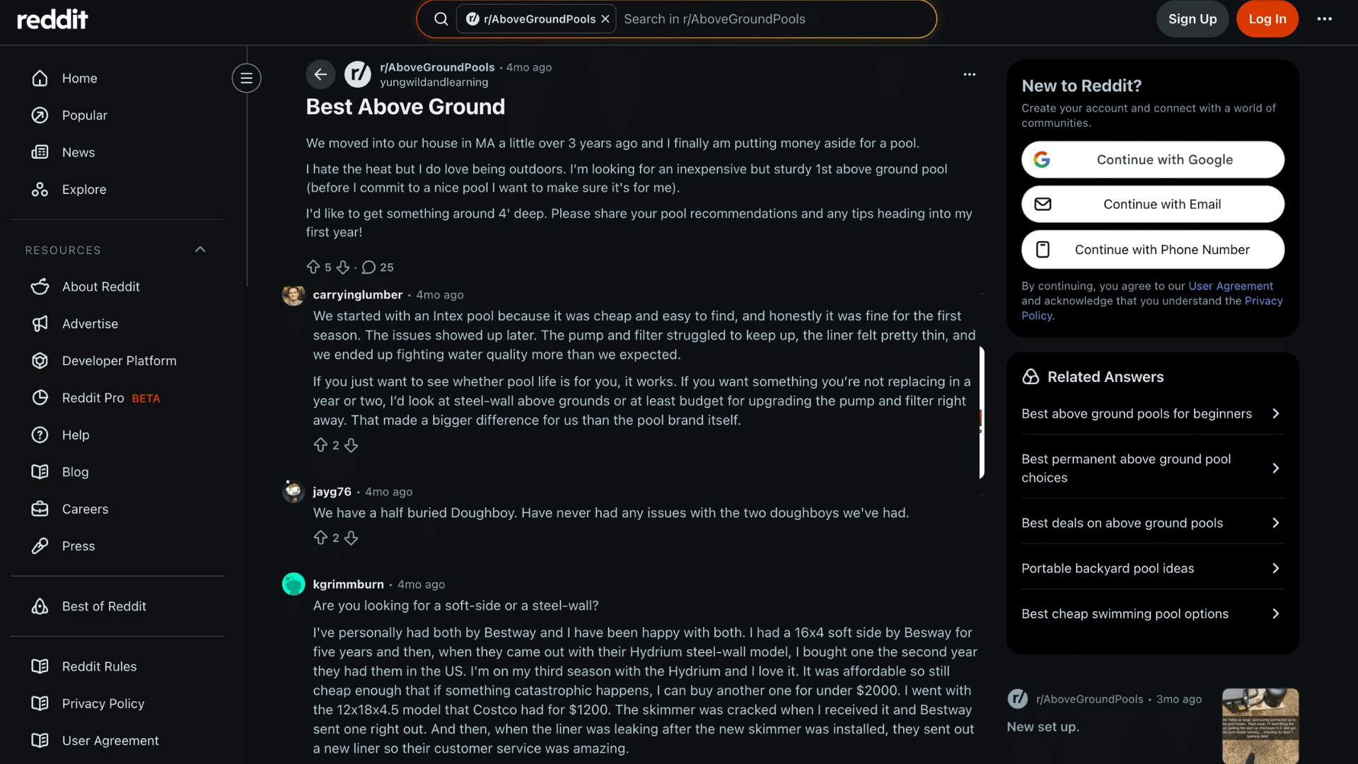 a reddit discussion page about choosing a first above ground pool with comments and sign up panel visible
