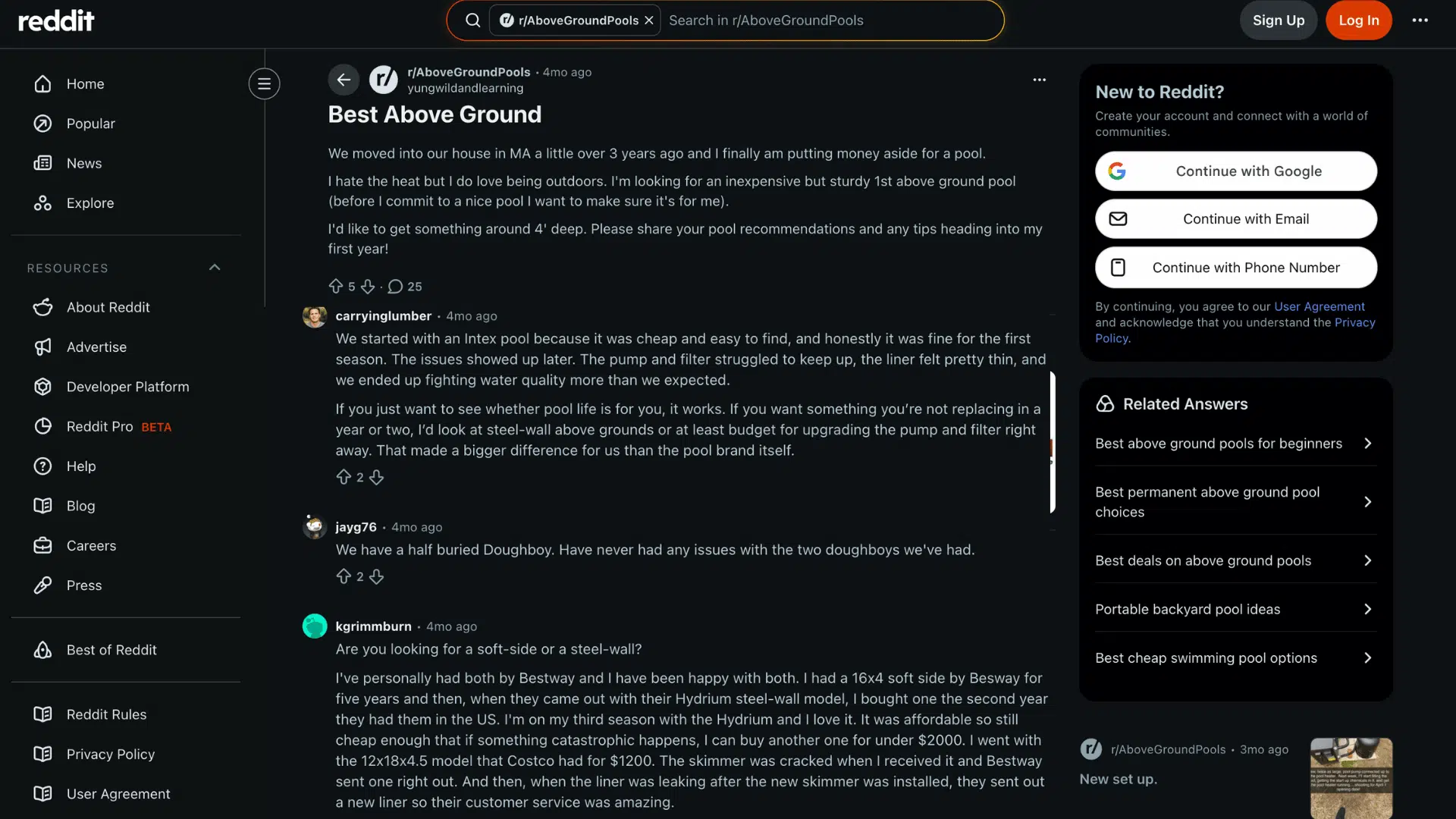 a reddit discussion page about choosing a first above ground pool with comments and sign up panel visible