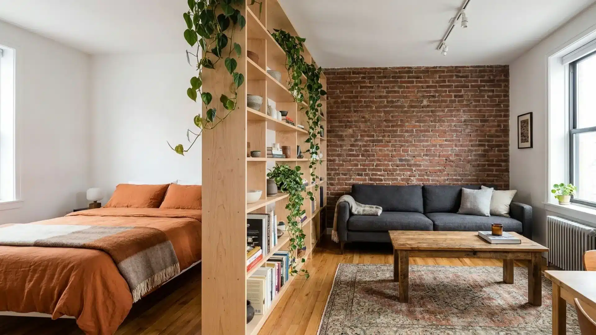 a wooden open shelving divider separates the bedroom and living area with plants, books, and warm apartment decor