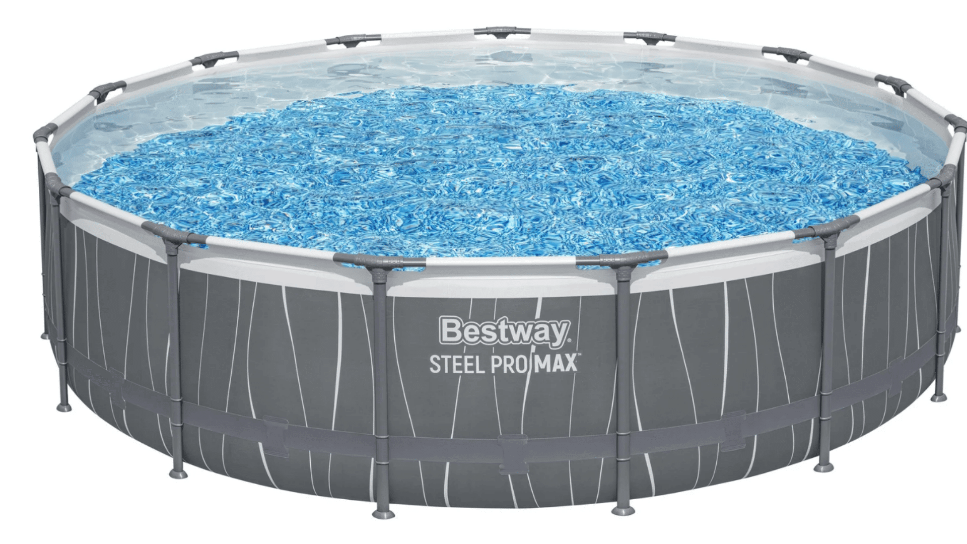 a round bestway steel pro max above ground pool filled with blue water and held by gray frame supports