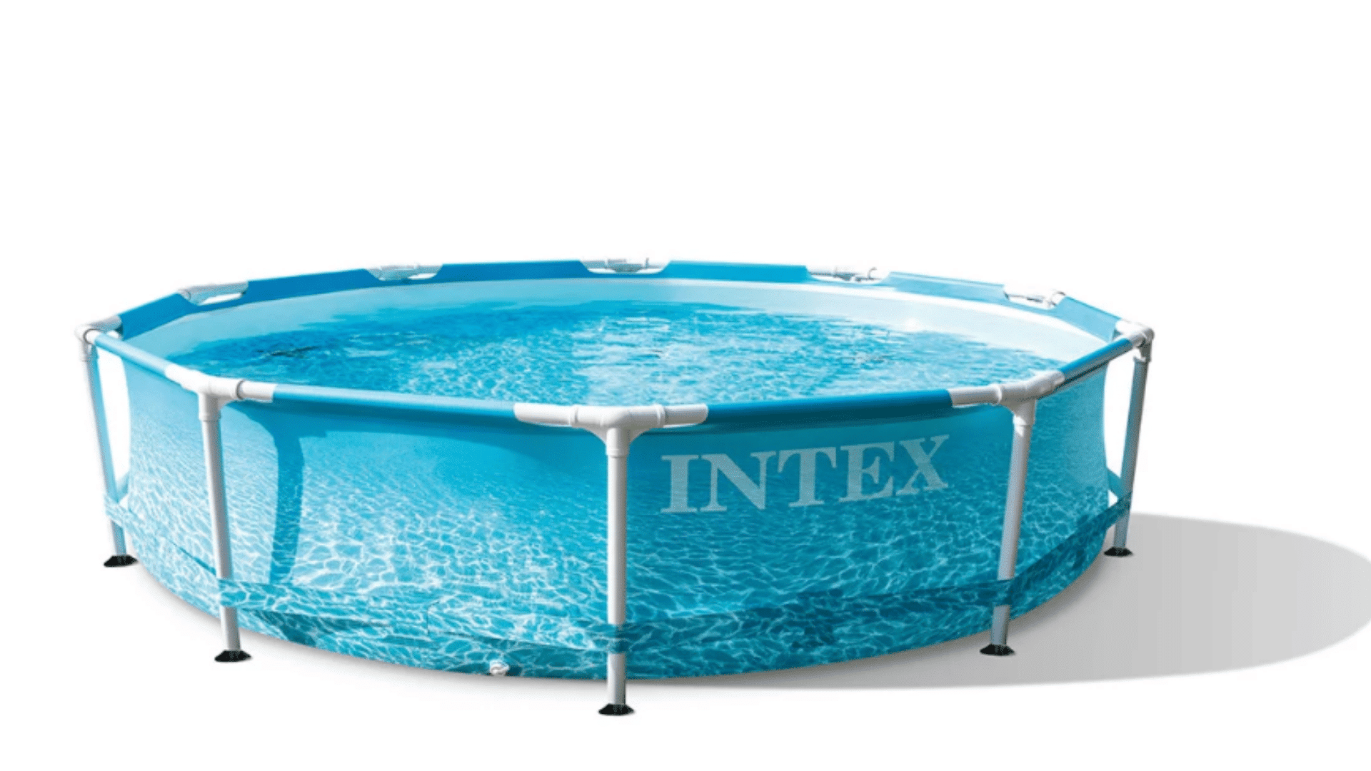 a round blue intex above ground pool filled with water and supported by white poles around the sides