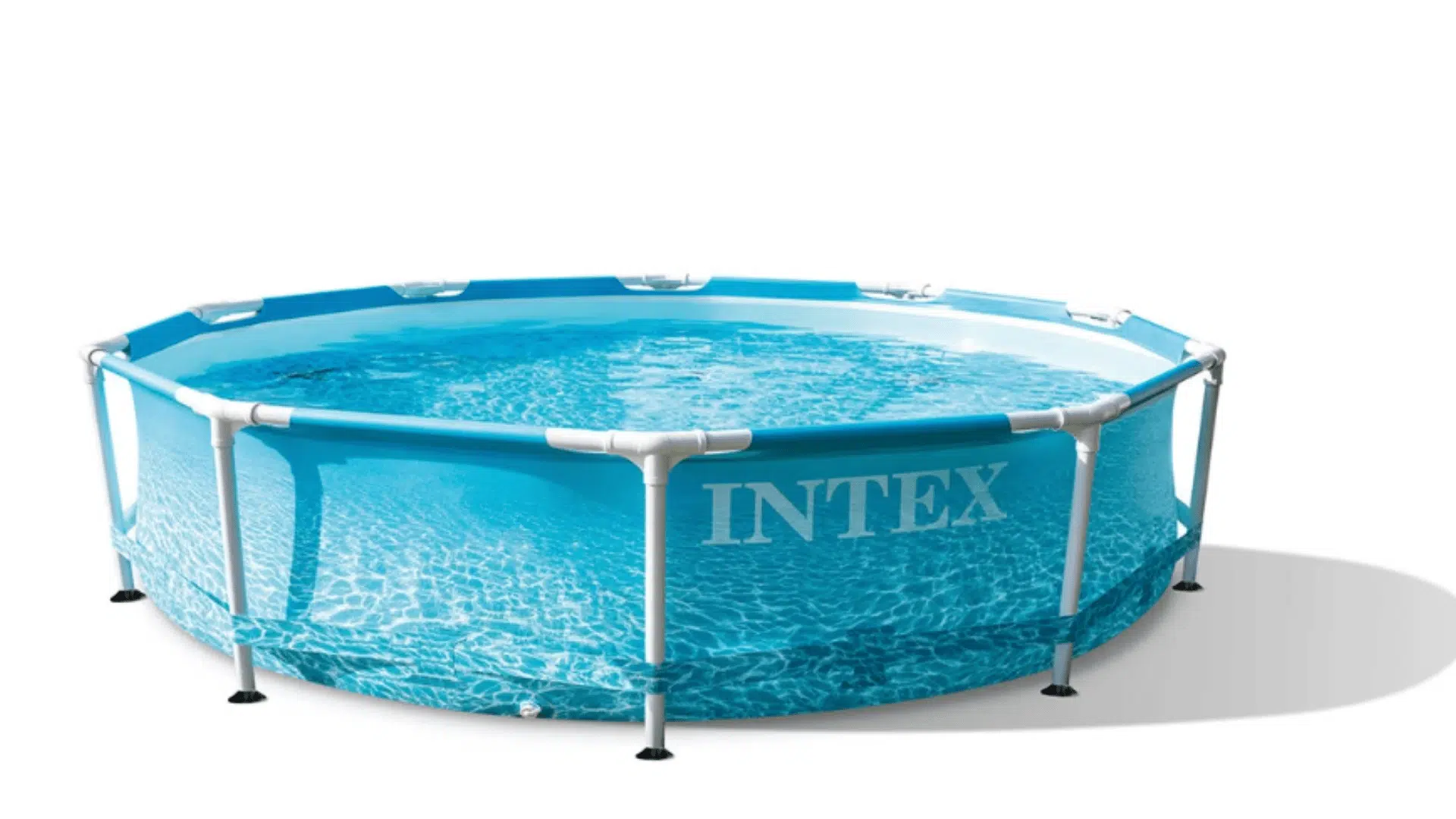 a round blue intex above ground pool filled with water and supported by white poles around the sides