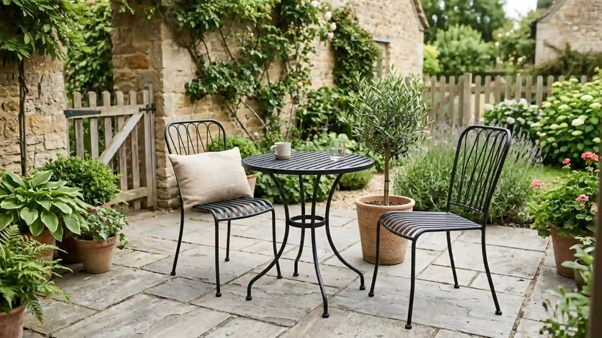 a round matte black bistro table and two metal chairs on a small clean stone patio with a potted plant beside it in soft natural daylight