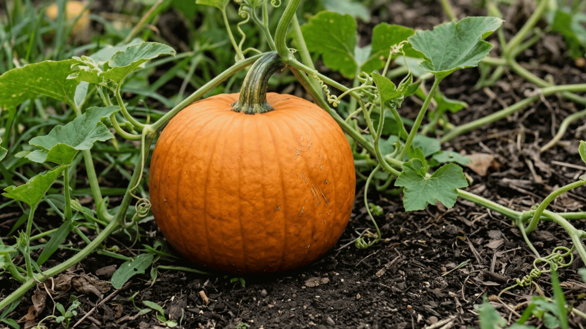 a round new england pumpkin growing on dark garden soil surrounded by green vines curling tendrils and broad leaves