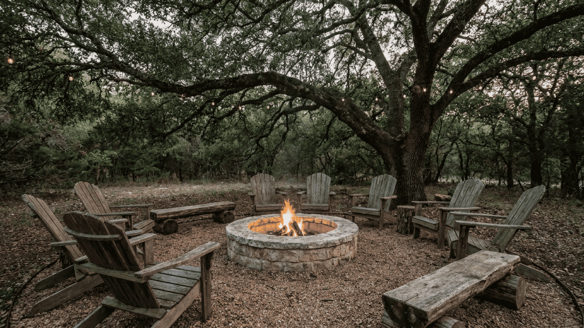 A rustic outdoor fire pit surrounded by wooden chairs and benches under a large tree.