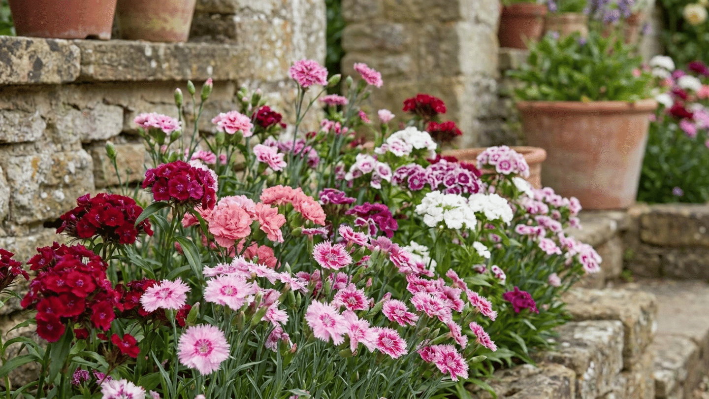 a rustic stone garden border filled with blooming pink red and white flowers beside weathered terracotta pots