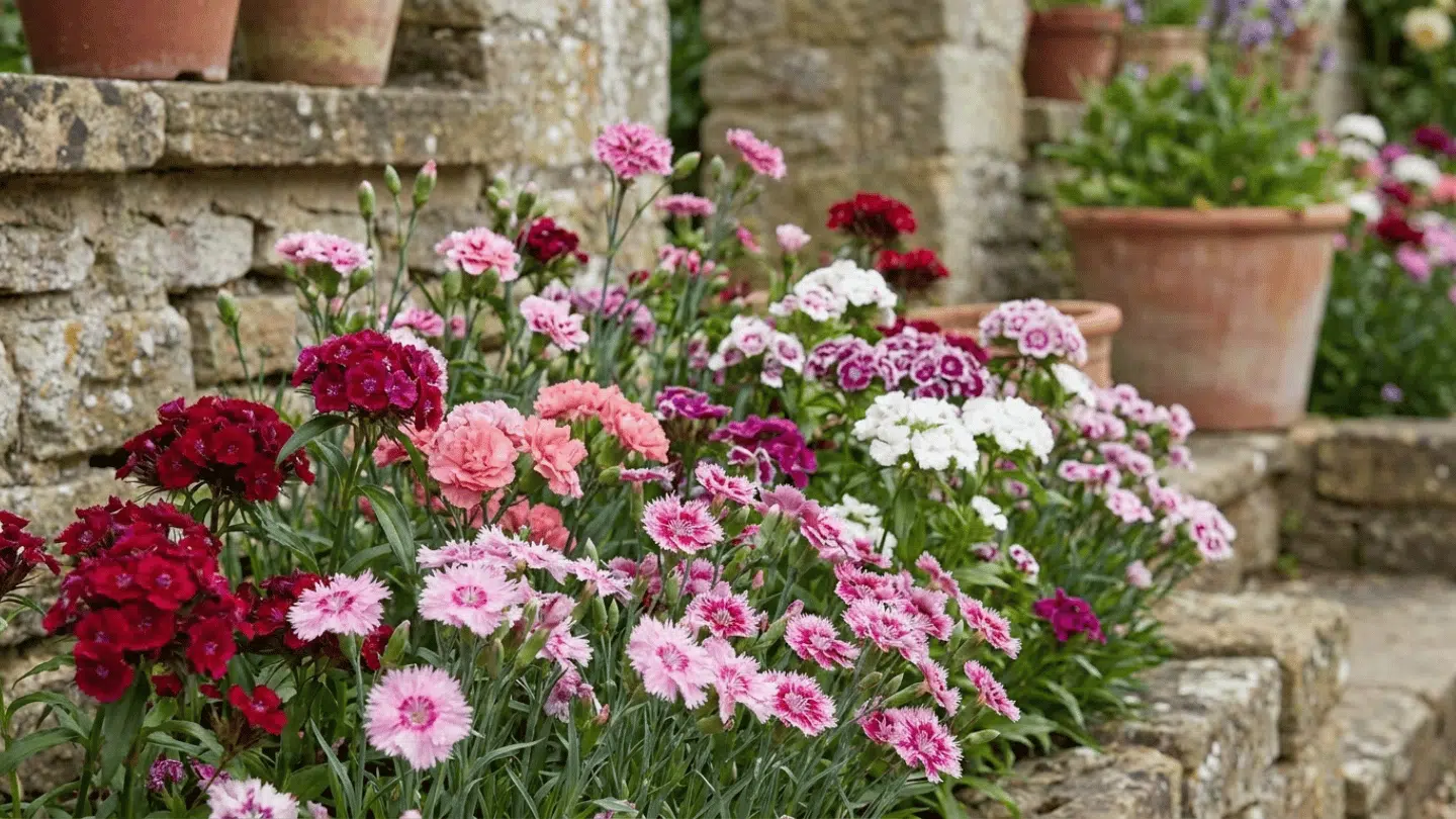 a rustic stone garden border filled with blooming pink red and white flowers beside weathered terracotta pots