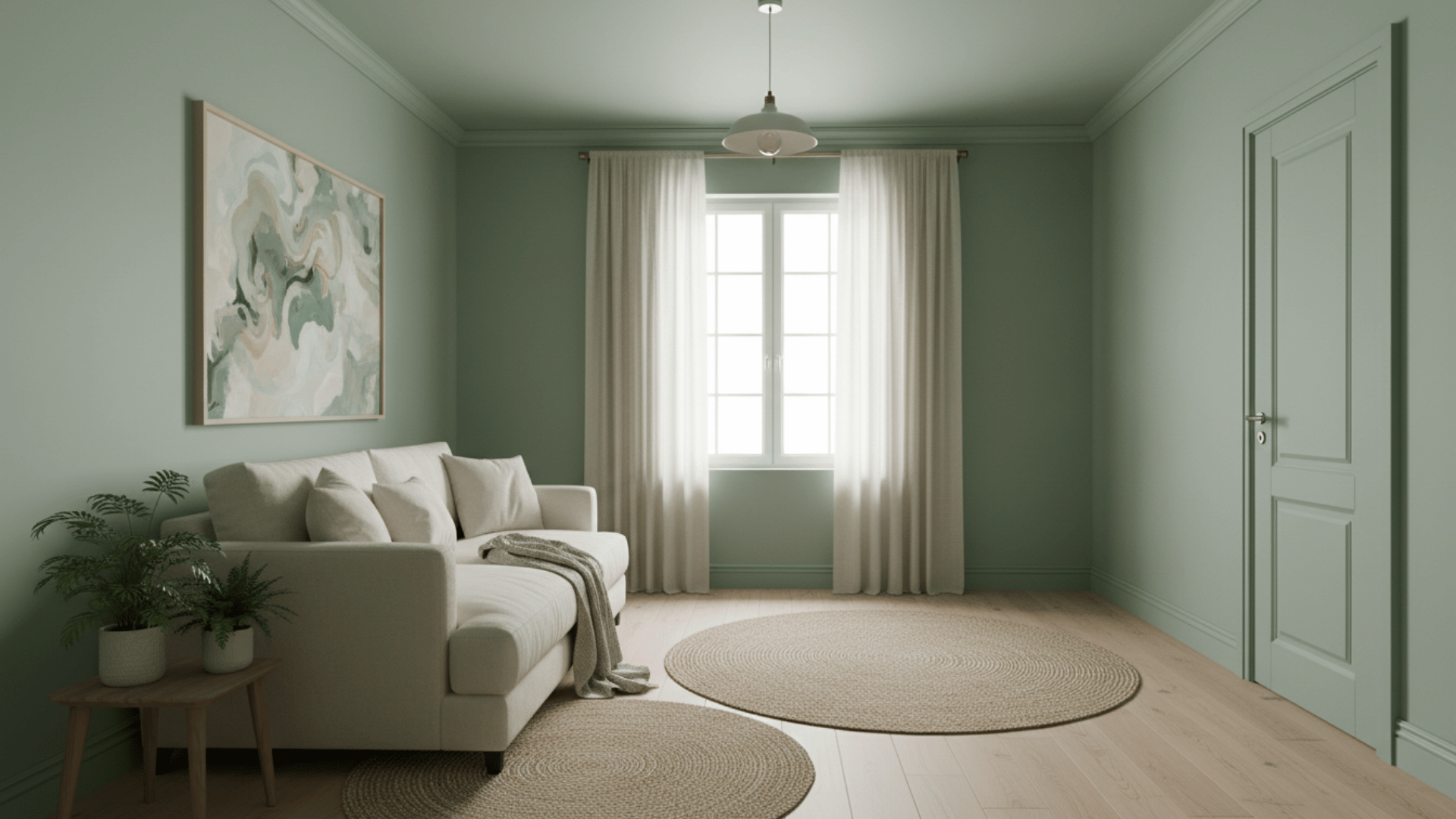 a sage green living room with cream sofa abstract wall art round woven rugs plants and sheer curtains