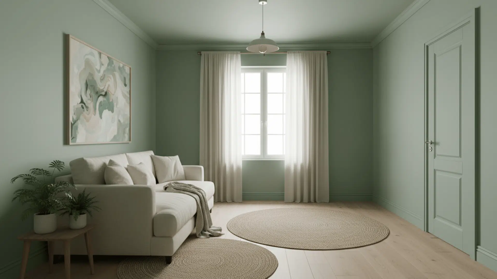 a sage green living room with cream sofa abstract wall art round woven rugs plants and sheer curtains