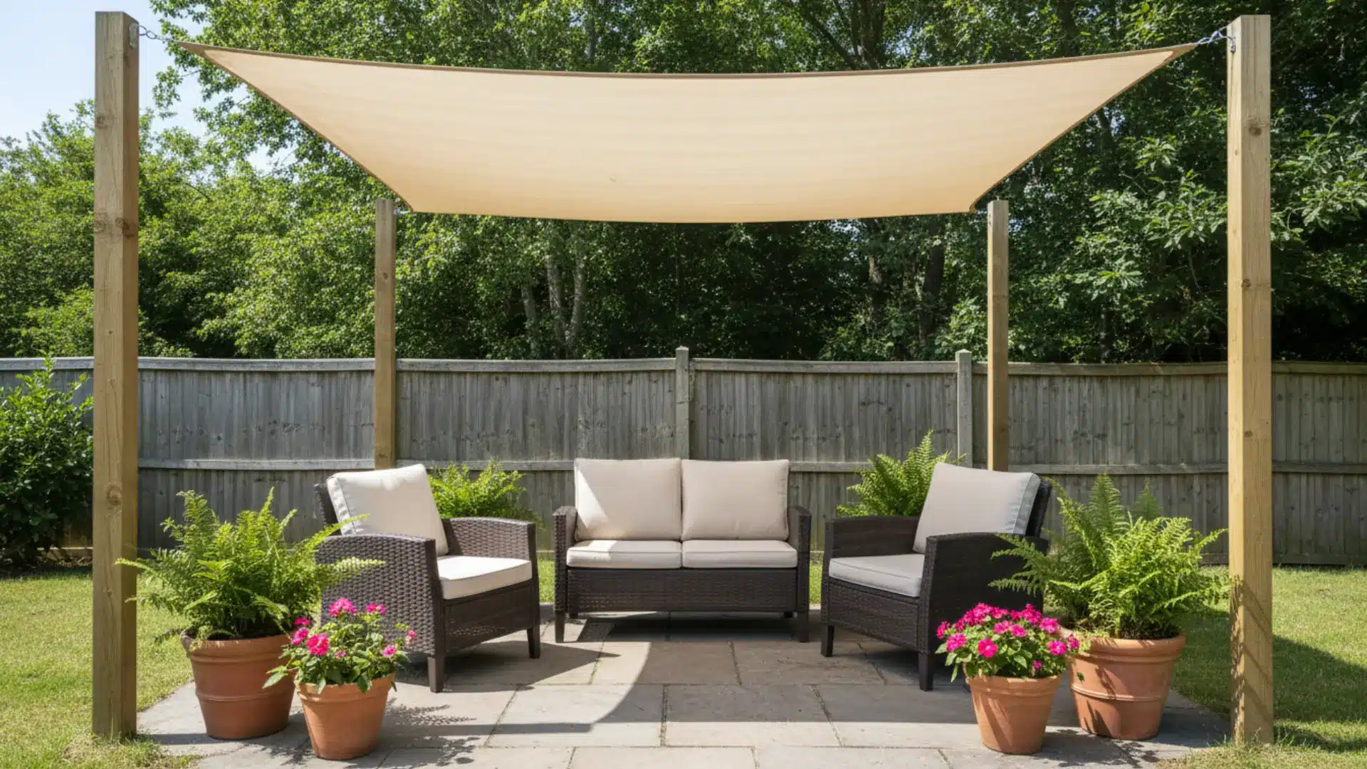 a sand beige shade sail on straight wooden posts over a small wicker seating patio with terra cotta pots and a timber fence backdrop